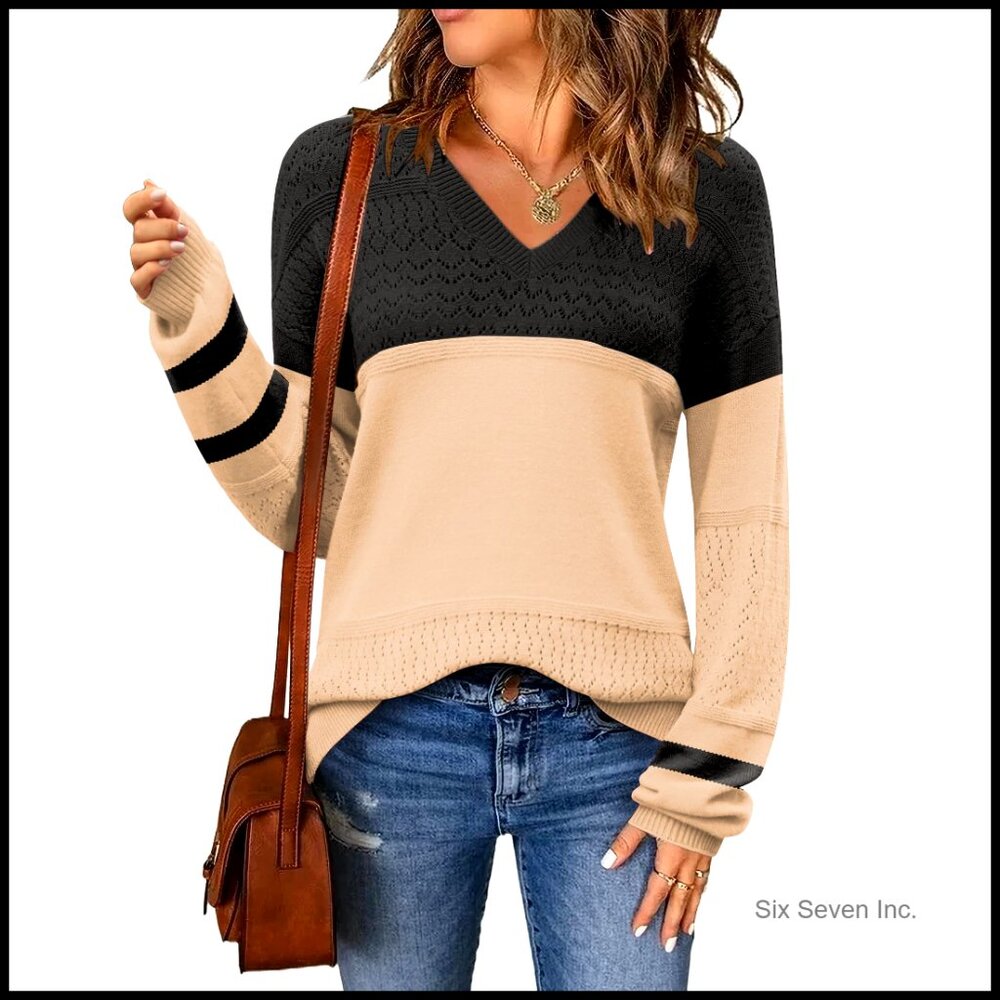 V-Neck Pullover Sweater Lightweight Crochet Knit Casual Loose Fit Lantern